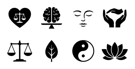 Fototapeta premium Mindfulness and Balance Icons: Brain, Scales, Lotus, Yin Yang, Heart, Face, Hands, Leaf Vector Set