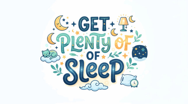 Whimsical illustration featuring the phrase GET PLENTY OF SLEEP surrounded by cozy icons like moons, stars, a sleeping cat, a pillow, and clouds on a clean white background.