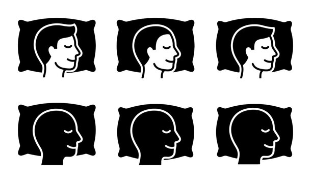 Sleep Positions Icons Set, Peaceful Rest Silhouette Graphics, Human Head on Pillow Vector Collection, Comfort and Relaxation Symbols