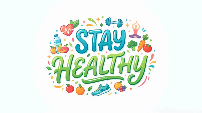 Colorful 'STAY HEALTHY' typography surrounded by health-themed icons like fruits, vegetables, gym equipment, and a yoga pose. Perfect for wellness and fitness promotion.