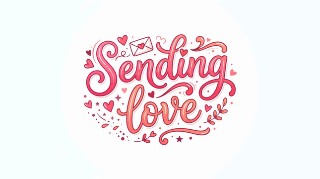 Sending love hand-lettered in pink and peach, surrounded by hearts, an envelope, and whimsical decorative elements on a clean, light background.