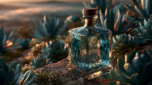 Luxury glass tequila bottle placed on rocky ground with warm sunset illumination, showcasing exquisite craftsmanship and detail