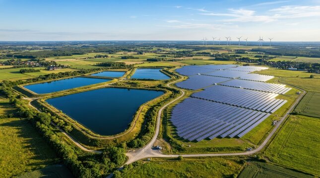 Aerial view of a solar farm and water reservoirs in a rural landscape