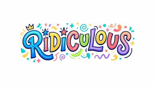 Colorful hand-drawn illustration of the word RIDICULOUS in a playful, whimsical style featuring vibrant bubble letters, stars, a crown, and confetti doodles on a white background.