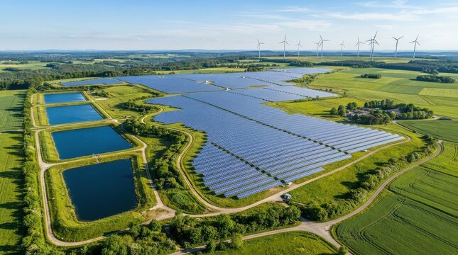 Aerial view of a large solar farm and wind turbines in a rural landscape