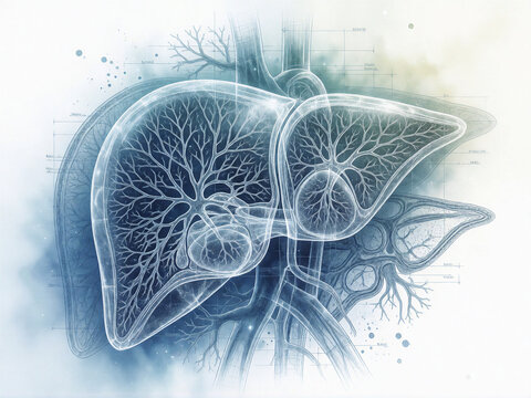 Anatomical blueprint illustration of human liver internal structure