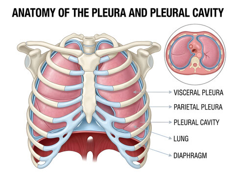 Anatomy diagram of pleura and pleural cavity with lungs isolated on white background