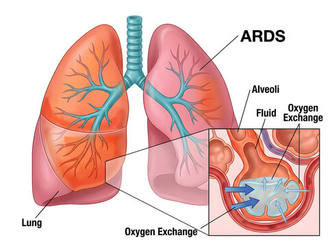 Acute respiratory distress syndrome (ards) in human lungs illustration isolated on white background