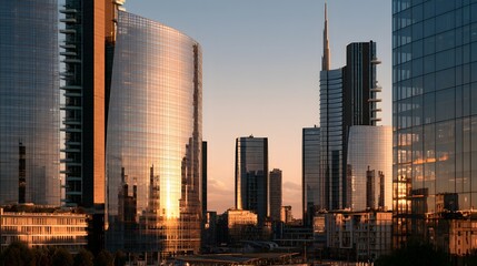 Obraz premium Modern Glass Towers of the Porta Nuova Skyline Reflecting the Sunset in Urban Milan, Italy