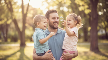 Fototapeta premium Loving father holding up his children near floating soap bubbles