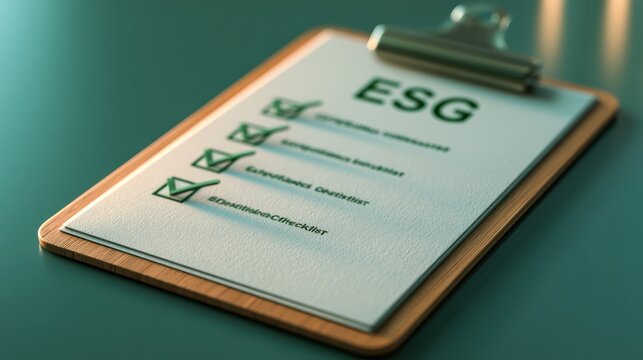 A clipboard checklist with green checkmarks highlighting ESG compliance, symbolizing sustainability, corporate responsibility, and environmental governance in business practices.