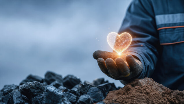 Precision in esg supply chain tracking is symbolized by glowing heart held in gloved hand among coal and soil, expressing care and responsibility