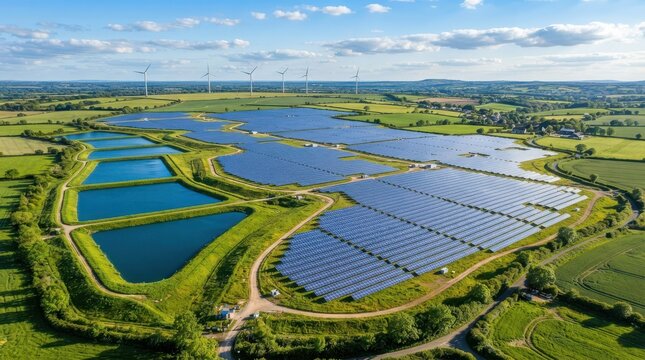 Aerial view of a large solar farm and wind turbines in a rural landscape