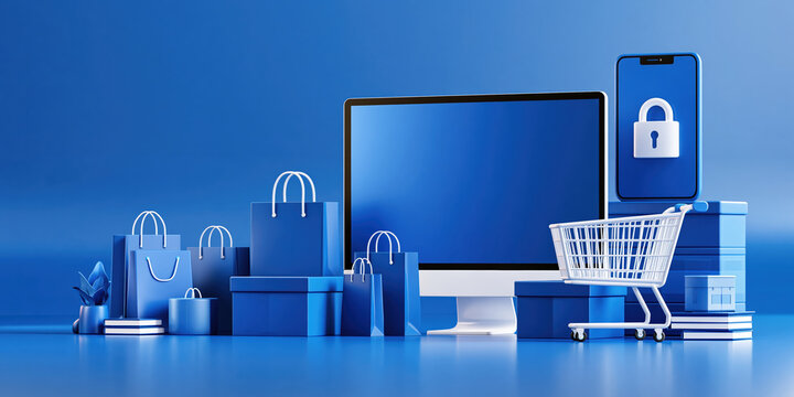 Online shopping e commerce shopping cart digital security desktop computer mobile phone gift box