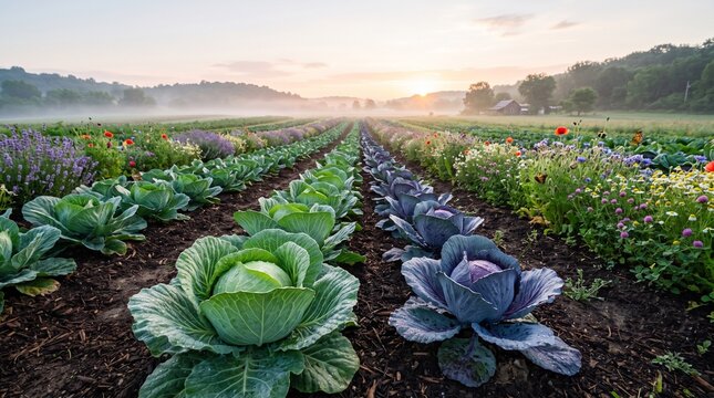 Rows of fresh cabbage and wildflowers at sunrise with gentle morning mist