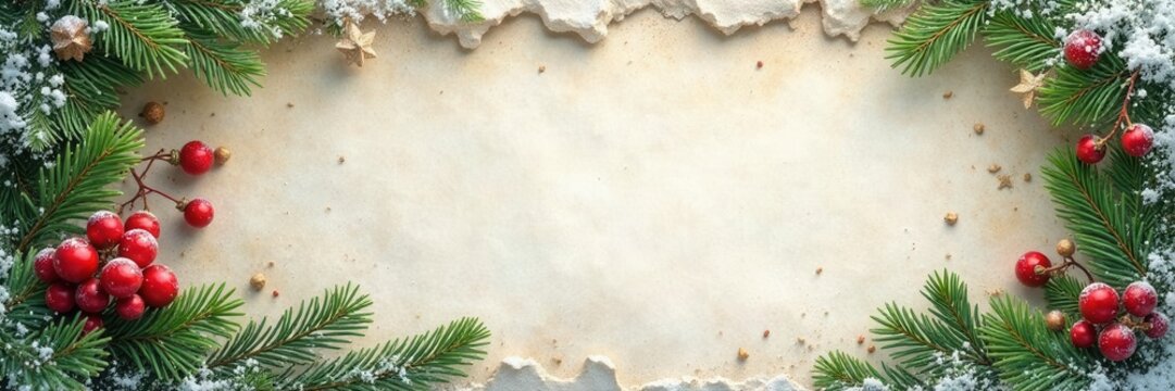 Natural winter greenery frame Snow dusted design on parchment , botanical, fir, border