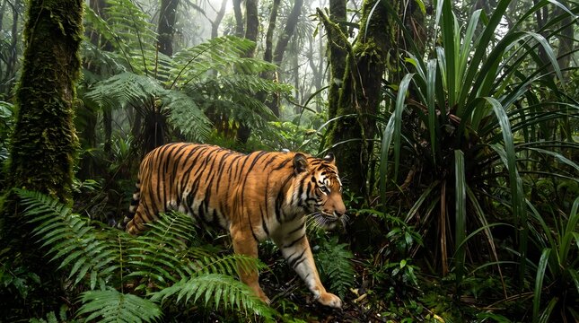 Bengal Tiger Walking Through Lush Tropical Rainforest with Dense Green Vegetation