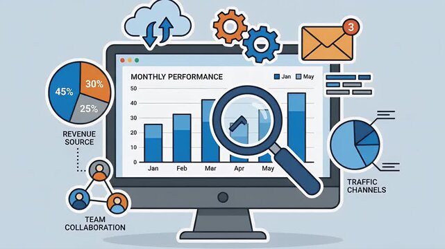 Digital analytics dashboard with charts and business icons.