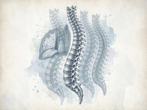 Anatomical blueprint of human spine and lungs medical illustration