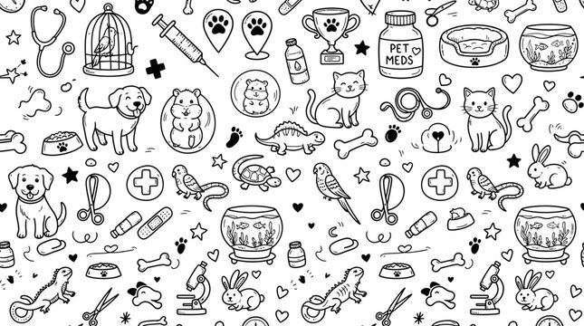 Veterinary pet care doodle pattern featuring cute animals and medical tools in black and white style