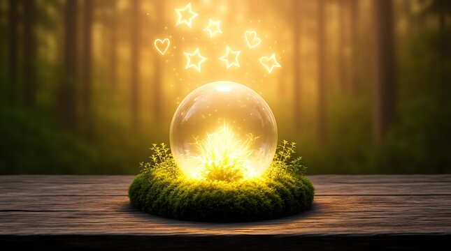 Glowing magical orb surrounded by green moss on wooden surface with golden light effects including stars and hearts in forest background at sunset