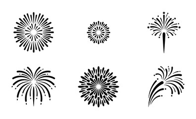 Obraz premium Six Black Fireworks Icons, Festive Celebration Sparklers, Abstract Explosions, Graphic Elements for Holiday Events, Vector Art