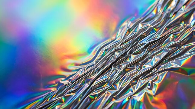Close-up of crumpled silver foil with a vibrant holographic rainbow background creating abstract light and color effects.