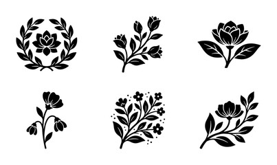 Obraz premium Botanical Vector Icons Set, Elegant Floral Emblems, Decorative Flower Sprigs, Minimalist Nature Graphics, Vintage Laurel Wreath Element