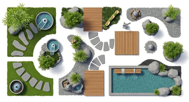 Top view landscape design plan with garden pool and wooden deck area