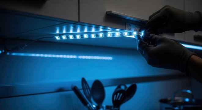Installing Blue LED Strip Lights Under Kitchen Cabinets For Modern Ambiance