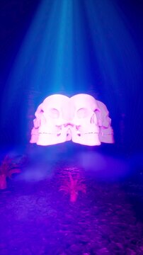 Seamless VJ Loop of Rotating Glowing Skulls Ring in Mystical Blue Temple