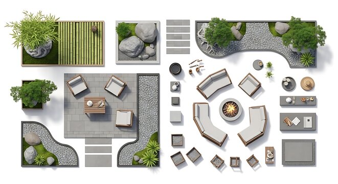 Top view of outdoor patio furniture and garden landscape design set