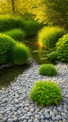 Obraz premium Serene garden landscape with smooth round stone pathway and lush green bushes beside calm water surrounded by bright green grass and tall trees in soft sunlight
