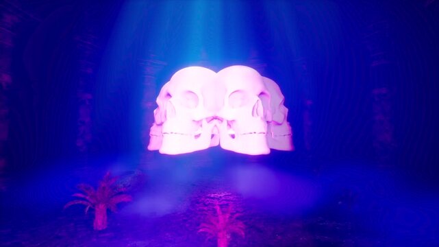 Surreal 3D Motion Graphic of Skulls Crown Floating Under Blue God Rays Light