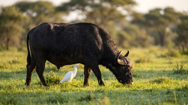 Cattle Egret Walking Beside Grazing African Buffalo in Green Savanna