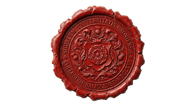 Vintage red wax seal with heraldic crest, antique wax stamp with medieval coat of arms, traditional royal sealing wax isolated on Transparent Background