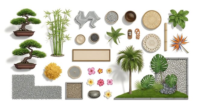 Zen garden design elements with bonsai trees and tropical plants set