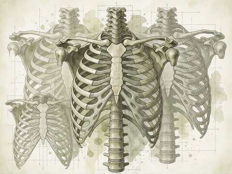 Anatomical study of human rib cage blueprint