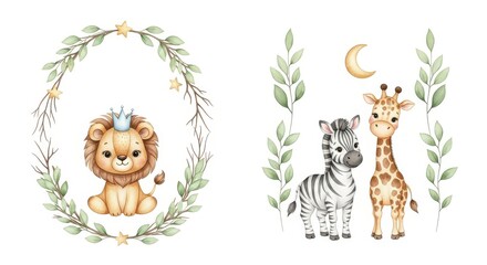 Naklejka premium Cute Watercolor Baby Safari Animals Set with Lion, Zebra, and Giraffe in Nursery Style Wreath and Floral Elements