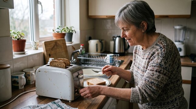 Senior woman testing an old toaster while preparing breakfast in a home kitchen