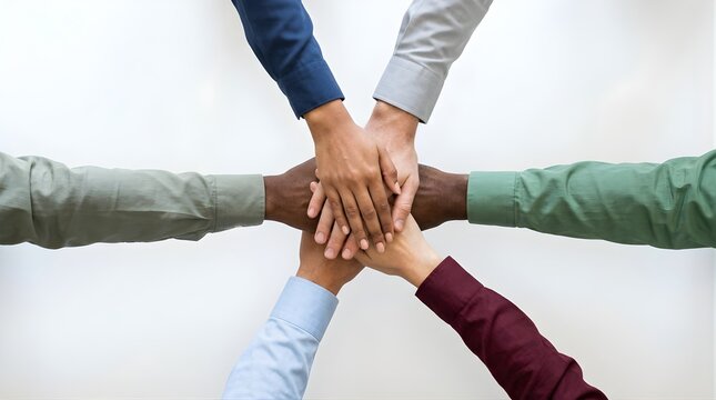Diverse professional team joining hands for unity and cooperation