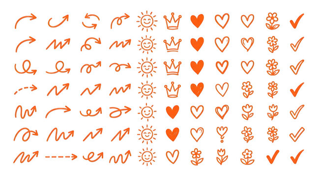 Hand drawn orange doodle icons set, cute sketch arrows and hearts collection, decorative design elements for bullet journal isolated on Transparent Background