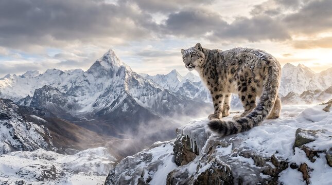 Snow Leopard Standing on Snowy Mountain Ridge in the Himalayas at Sunrise