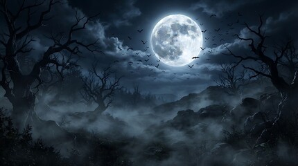 Fototapeta premium A hauntingly beautiful full moon shines brightly through dark ominous clouds on a spooky halloween night