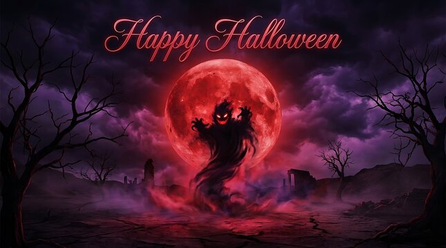 A spooky and eerie halloween night scene with a silhouetted figure and a red glow