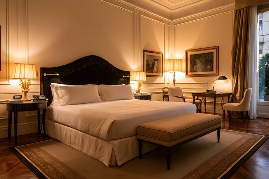 Elegant Milanese hotel room featuring classic furnishings and a sophisticated ambiance with refined decor