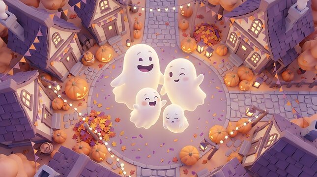 Charming halloween scene featuring two friendly ghosts amidst a vibrant and colorful autumnal display of decorations