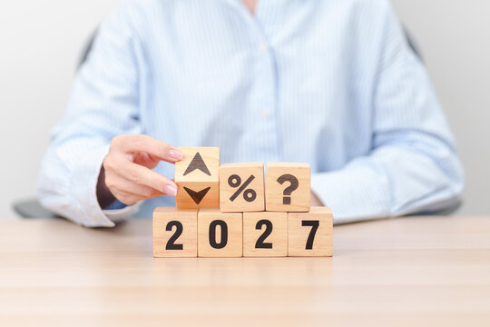 2027 New year with questions mark and percentage icon. Interest rate, GDP, stocks market, financial, deflation and Inflation, mortgage, debt, Loan and Economic Recession