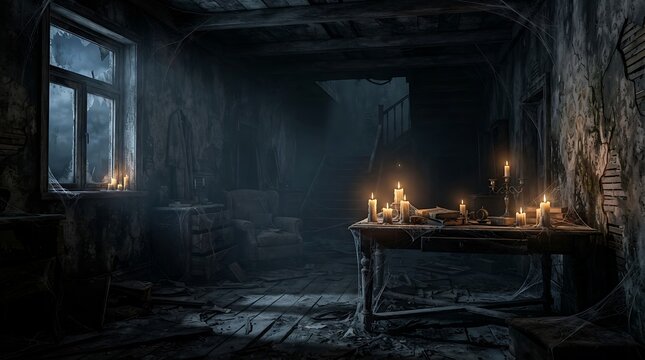 A hauntingly beautiful and eerie abandoned mansion interior shrouded in darkness with flickering candlelight and shadows