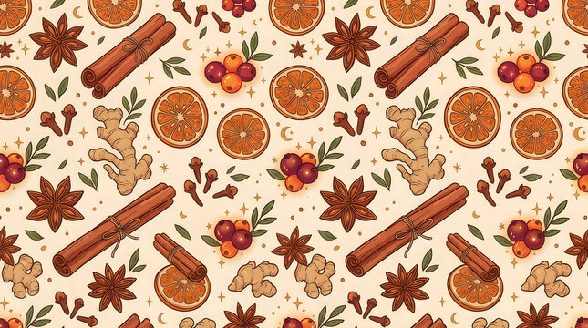 Holiday Spice Seamless Pattern, Christmas Gingerbread Background, Winter Cinnamon Sticks, Orange Slices, Star Anise Food Illustration, Cozy Seasonal Deco Halloween